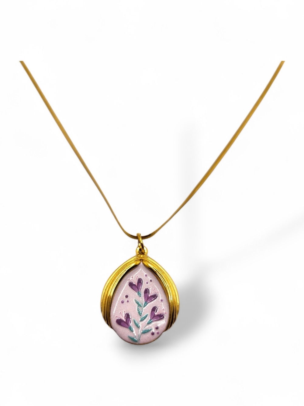 Gold Teardrop Pendant Necklace with Pink Floral Enamel